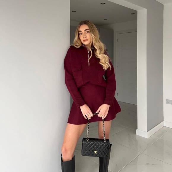 Zara Set - Burgundy Wool Blend Knit Zip Sweater & Mini Skirt - Picture 6 of 17